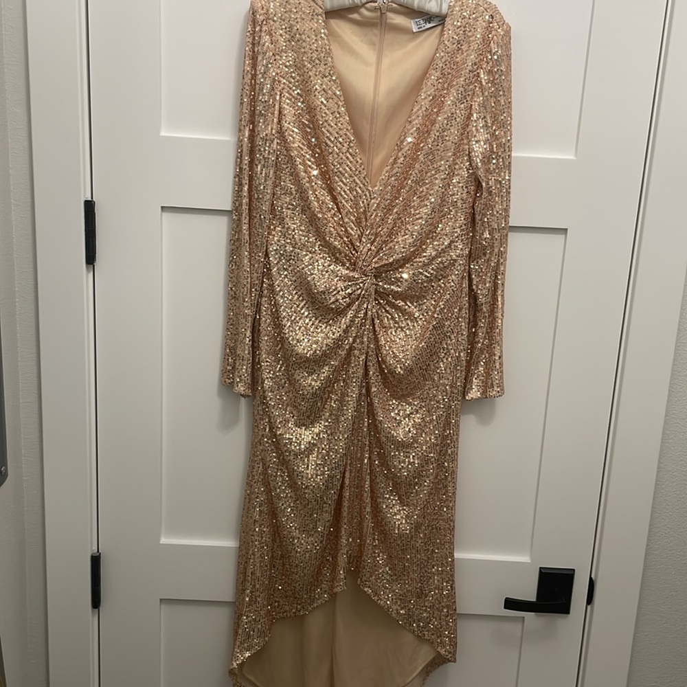Mac Duggal Champagne Sequin High-Low Twist Front Gown - Picture 2 of 16
